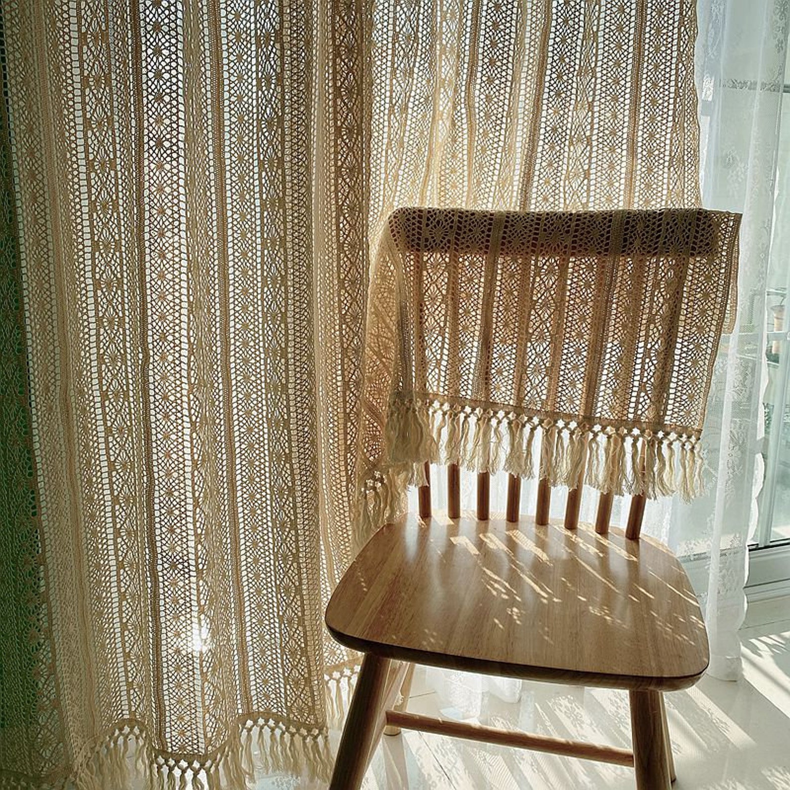 American Country Style Lace Curtains With Tassels Rod Pocket Etsy