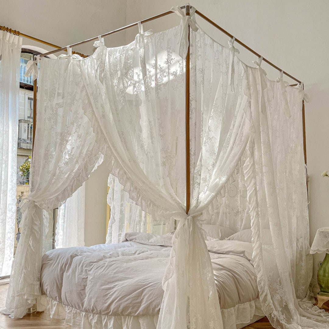 White Lace Bed Canopy With Ruffles French Style Floral Etsy