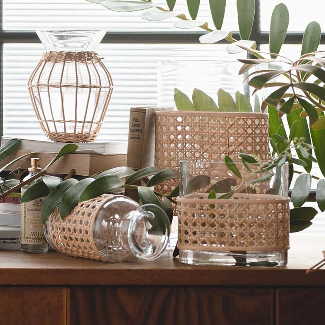 Natural Rattan Clear Glass Vase for Home Decor Bohemian Etsy