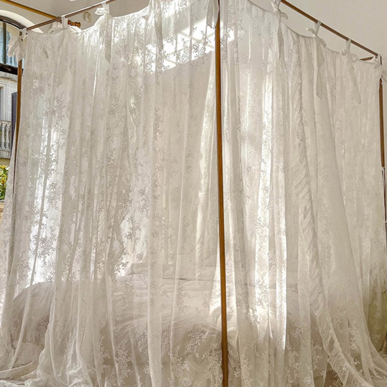White Lace Bed Canopy With Ruffles French Style Floral Etsy