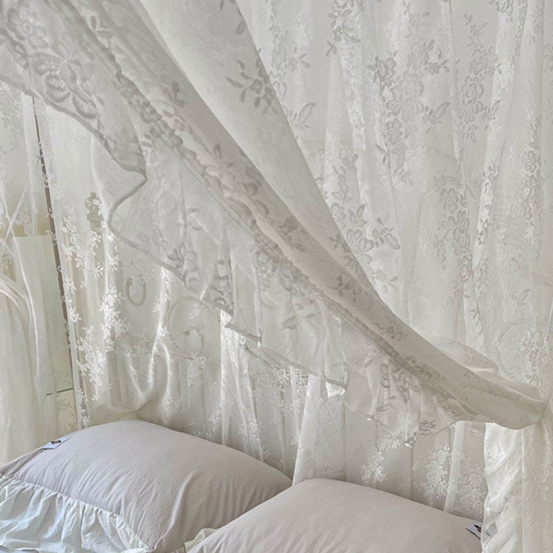 White Lace Bed Canopy With Ruffles French Style Floral Etsy