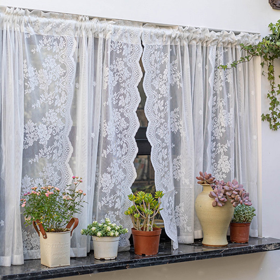 Farmhouse White Floral Pattern Sheer Lace Curtain Rod Pocket - Etsy