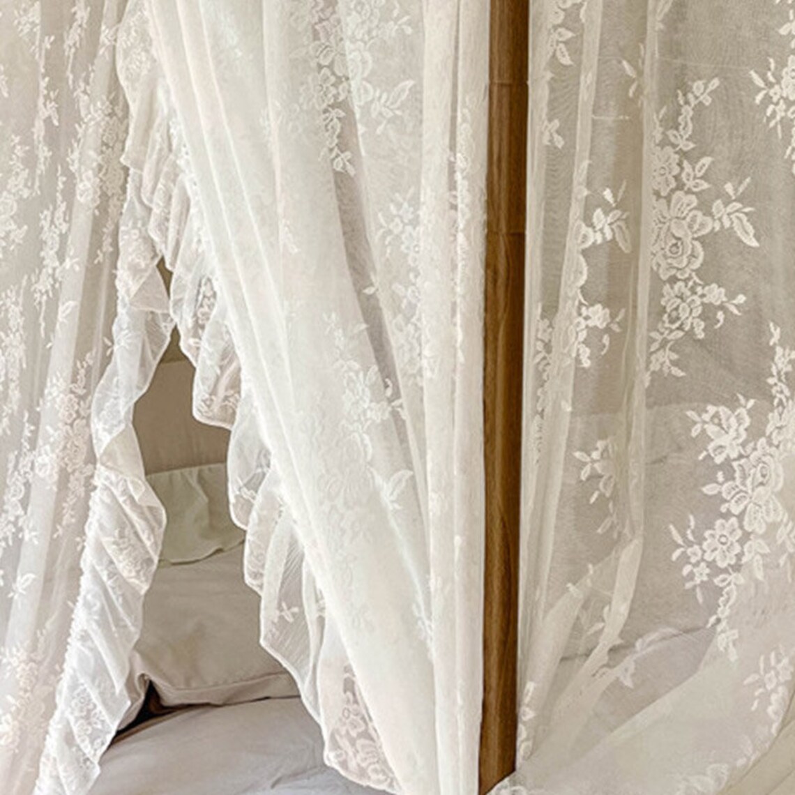 White Lace Bed Canopy With Ruffles French Style Floral Etsy
