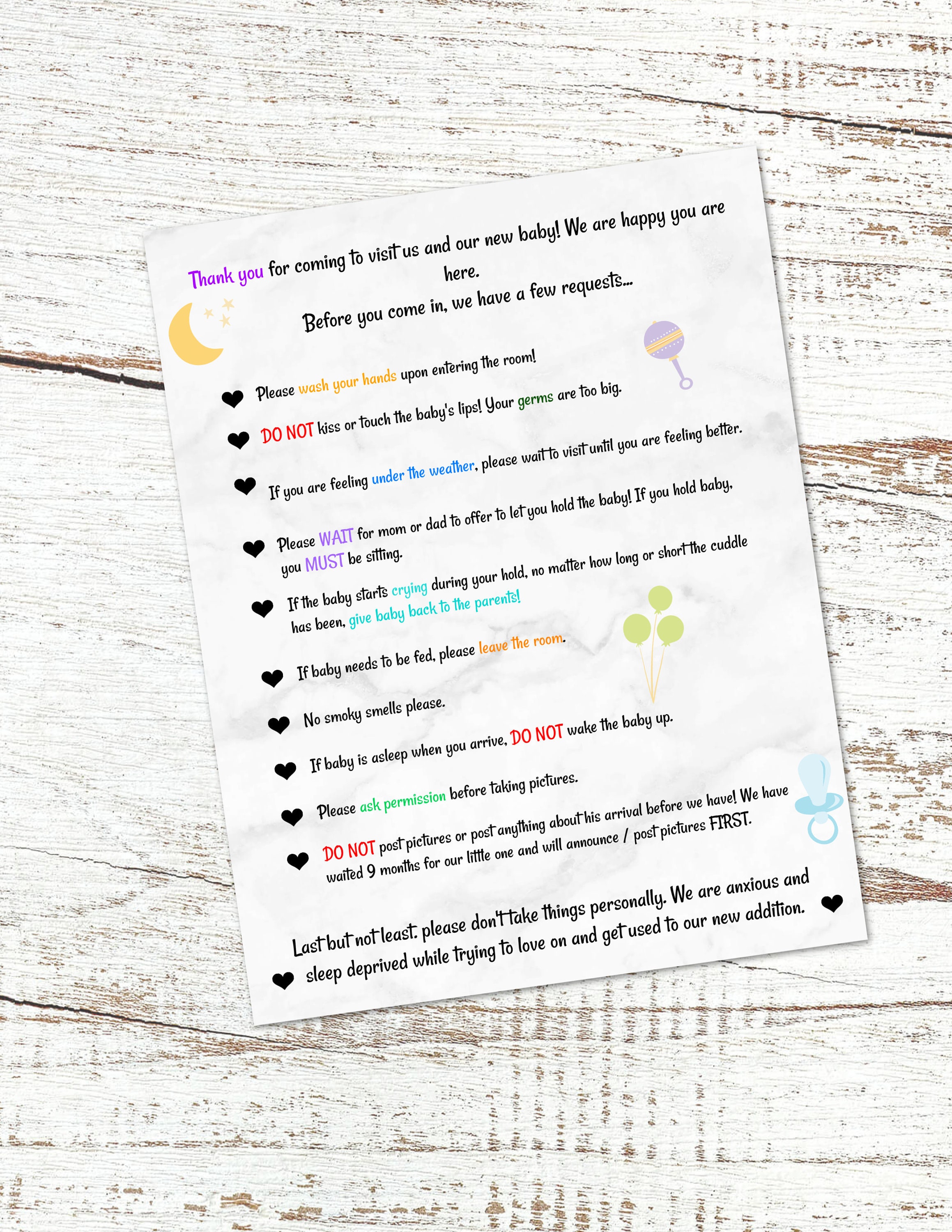 Rules for Visiting Newborn Baby, Instant Download Etsy