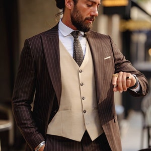Men Suits Brown 3 Piece Slim Fit Two Button Wedding Groom Party Wear Coat Pant, Camel Brown Pinstripe Suit for Men, Slim Fit Italian Suit