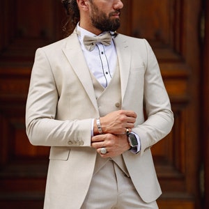 Men&#39;s Suits Beige 3 Piece Slim Fit One Button Wedding Groom Party Wear Coat Pant, Groom Beige Suit, Beige Slim Fit Peak Lapel Wedding Tuxedo