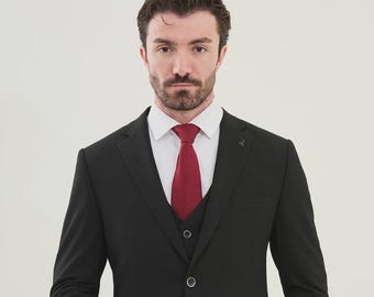 Traje negro de 3 piezas de corte entallado: mezcla de algodón, corte italiano