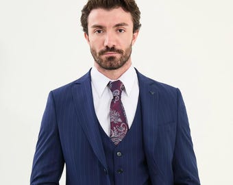 Navy Blue Pinstripe Suit: Slim Fit Wool Blend - Italian Cut