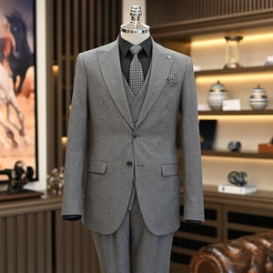 Gray Slim-Fit Italian Cut Two Buttons Peak Lapel Suit - 3 Piece Gray Party Suit - Gray Wedding Groom Suit - Men Slim-Fit Jacket, Vest, Pants