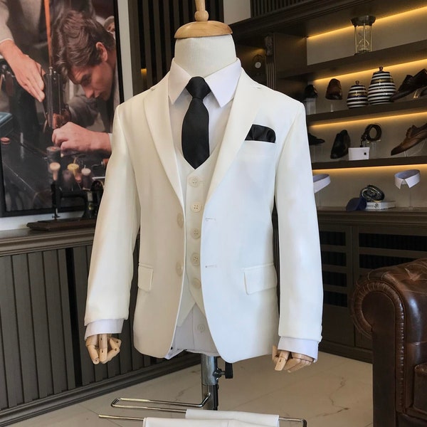 Kids Suits - Kids Party Prom Suits - Kids wedding Suit Vest pants - Children Suits - Boy's Suits - Boy's 3 Piece Suits - White Slim Fit Suit