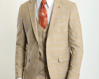 Herren Dreiteiler Beige Kariert: Slim Fit Revers