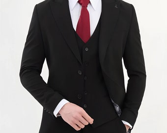 Men's Black Wool Blend 3-Piece Suit: Slim Fit Wedding Attire