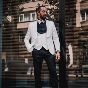 Men&#39;s Suits 5 Piece Slim Fit One Button Wedding Groom Party Wear Coat Vest Pants, Groom White Suit, White Slim Fit Shawl Lapel Tuxedo