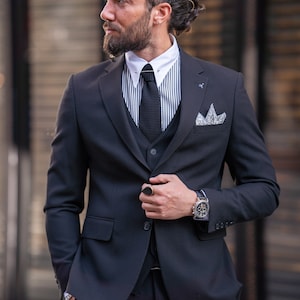 Men Suits Black 3 Piece Slim Fit Two Button Wedding Groom Party Wear Coat Pant, Black Suit for Men, Black Slim Fit Peak Lapel Suit