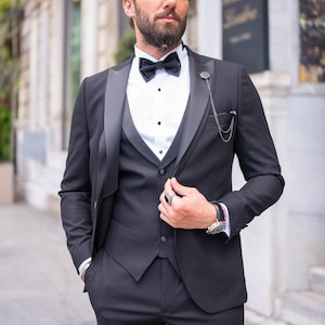 Men&#39;s Suit Pants 3 Piece Slim Fit One Button Wedding Groom Party Wear Coat Pants, Groom Black Suit, Black Slim Fit Prom Wedding Tuxedo