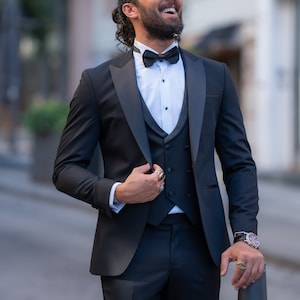 Men&#39;s Suits 3 Piece Slim Fit One Button Wedding Groom Party Wear Coat Vest Pants, Groom Black Suit, Black Slim Fit Prom Peak Lapel Tuxedo