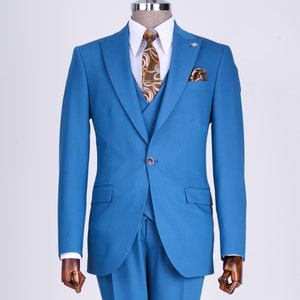Men Suits Blue 3 Piece Slim Fit One Button Wedding Groom Party Wear Coat Pant, Peak Lapel Suit, Men Blue Suit, Ocean Blue Slim Fit Suit