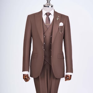 GENT WITH Herrenanzüge Braun 3-teilige Slim Fit One Button Hochzeit Bräutigam Party Wear Mantelhose, Brauner Spitzen Reversanzug, Brauner Slim Fit Anzug für Männer