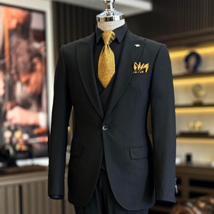 Black Slim-Fit Italian Cut One Button Suit - Black 3 Piece Suit - Black Slim-Fit Suit - Date Night Suit - Groom Wedding Suit Black