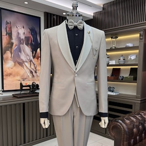 Men&#39;s Suits Beige 3 Piece Slim Fit One Button Wedding Groom Party Wear Coat Pant, Plus Size Groom Beige Suit, Beige Slim Fit Wedding Tuxedo