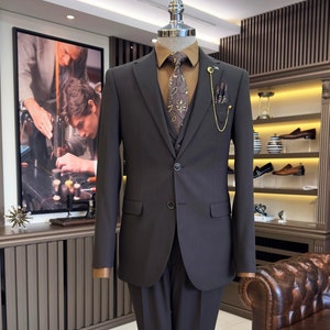 Dunkelbrauner Slim-Fit Italienischer Schnitt 3-Teiler - Herrenanzug - Hochzeitsanzug - Hochzeitsanzug - Bräutigam Anzug