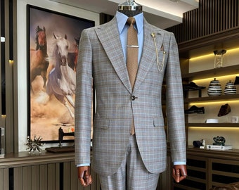 Abito a quadri marrone slim fit con un bottone, taglio italiano - Abito a quadri marrone da uomo, 2 pezzi - Abito a quadri slim fit - Abito a quadri marrone da sposo e da sposa