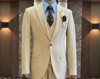 GENT WITH Herren Slim Fit 3-teiliger beige Ein-Knopf-Anzug – Herren-Partyanzug – Herren-Anzug, Weste, Hose – Date-Nacht-Anzug – Beiger Hochzeits-Bräutigam-Anzug