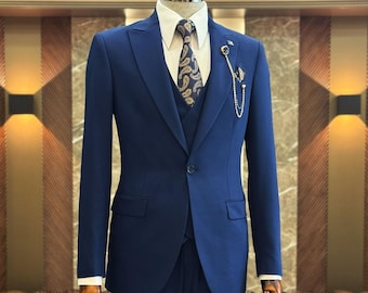 GENT WITH Herren Slim Fit 3-teiliger blauer Ein-Knopf-Anzug – Herren-Partyanzug – Herren-Blauer Anzug, Weste, Hose – Date-Nacht-Anzug – Blauer Hochzeits-Bräutigam-Anzug