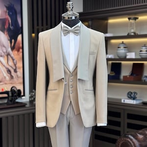 Men&#39;s Suits Beige 3 Piece Slim Fit One Button Wedding Groom Party Wear Coat Pant, Plus Size Groom Beige Suit, Beige Slim Fit Wedding Tuxedo