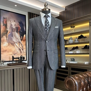 Anthracite Slim-Fit Italian Cut Pinstripe Suit - Anthracite 3 Piece Suit for Men - Anthracite Men Wedding Suit - Gray Slim-Fit Striped Suit