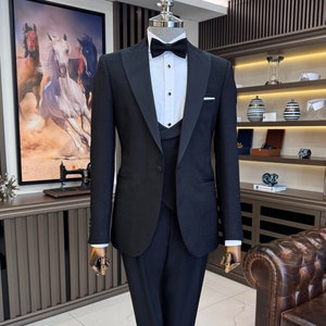 Men&#39;s Suits Black 3 Piece Slim Fit One Button Wedding Groom Party Wear Coat Pant, Plus Size Groom Black Suit, Black Slim Fit Wedding Tuxedo