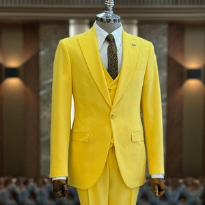 GENT WITH Men Slim Fit 3 Piece Yellow One Button Suit, Men Party Suit, Men Suit Vest Pants, Date Night Suit, Yellow Wedding Groom Suit