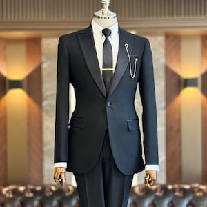 Men&#39;s Suits Black 3 Piece Slim Fit One Button Wedding Groom Party Wear Coat Pant, Plus Size Groom Prom Suit, Black Slim Fit Groom Suit