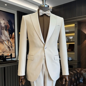 Men&#39;s Suits Beige 3 Piece Slim Fit One Button Wedding Groom Party Wear Coat Pant, Plus Size Groom Prom Suit, Beige Slim Fit Groom Suit
