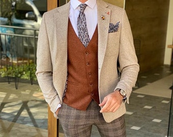 Abiti da uomo beige, 3 pezzi, vestibilità slim, due bottoni, da sposo, da cerimonia, giacca e pantalone, abito beige da uomo, abito beige da uomo, abito beige in lana, vestibilità slim beige