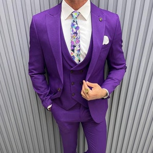 Men Suits Purple 3 Piece Slim Fit Two Button Wedding Groom Party Wear Coat Pant, Purple Suit for Men, Purple Slim Fit Italian Designed Suit