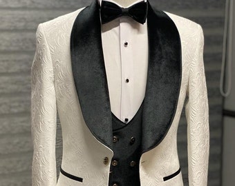 Men Suits White 3 Piece Slim Fit One Button Wedding Groom Party Wear Coat Pant, Black & White Slim Fit Velvet Shawl Lapel Wool Tuxedo