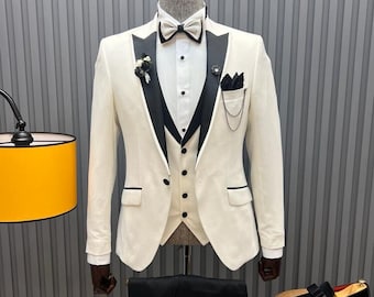 Men Suits Off-White 3 Piece Slim Fit One Button Wedding Groom Party Wear Coat Pant, Men White Suit, Cream Slim Fit Peak Lapel Wedding Tuxedo