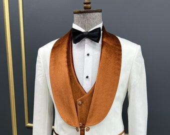 Men Suits White 3 Piece Slim Fit One Button Wedding Groom Party Wear Coat Pant, Orange & White Slim Fit Velvet Shawl Lapel Wool Tuxedo