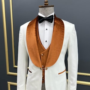 Men Suits White 3 Piece Slim Fit One Button Wedding Groom Party Wear Coat Pant, Orange & White Slim Fit Velvet Shawl Lapel Wool Tuxedo