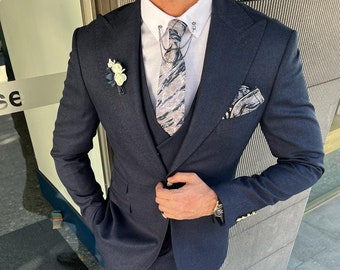 Blue Suits Men 3 Piece Slim Fit One Button Wedding Groom Party - Etsy