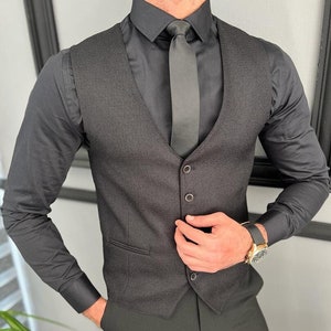 Men&#39;s Vest, Black Waistcoat, Black Waist Coat for Men, Wedding Vest, Men Business Style, Groom Vest, Groomsmen Vest - Black Slim Fit Vest