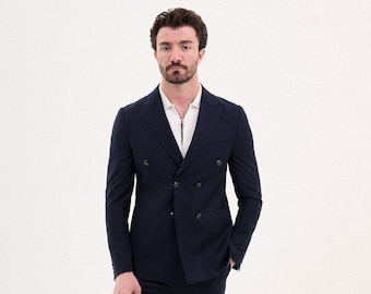 Navy Blue Double-Breasted Suit: Slim Fit, Peak Lapel - Formal Occasion