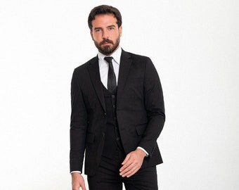 Men's Black Peak Lapel 3-Piece Suit - Slim Fit Italian Cut