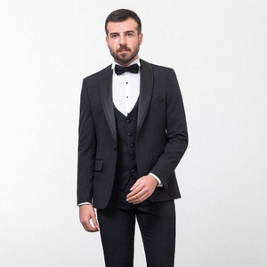 Men&#39;s Suits 3 Piece Slim Fit One Button Wedding Groom Party Wear Coat Vest Pants, Groom Black Suit, Black Slim Fit Prom Shawl Lapel Tuxedo