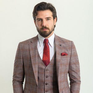 GENTWITH Burgundy Slim Fit Notch Lapel 3 Piece Check Plaid Suit for Men
