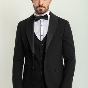 Men&#39;s Suits 3 Piece Slim Fit Two Button Wedding Groom Party Wear Coat Vest Pants, Groom Black Suit, Black Slim Fit Prom Shawl Lapel Tuxedo