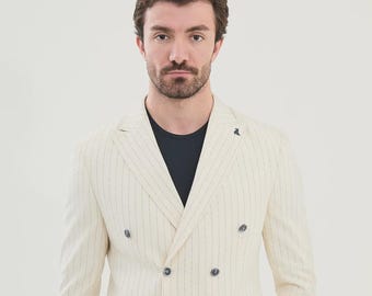 Leinen Herren Zweireihiger Anzug - Slim Fit Beige Nadelstreifen Hochzeitsanzug | 2 Teiler Jacke + Hose