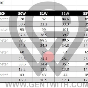 May include: A chart showing suit pants measurements in inches and centimeters for different waist sizes. The chart includes measurements for waist, hip width, inner leg, upper thigh, foot width, and bald leg.