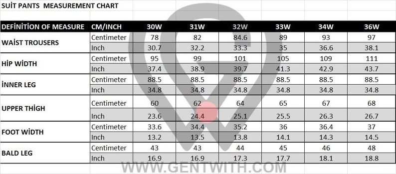 May include: A chart showing suit pants measurements in inches and centimeters for different waist sizes. The chart includes measurements for waist, hip width, inner leg, upper thigh, foot width, and bald leg.